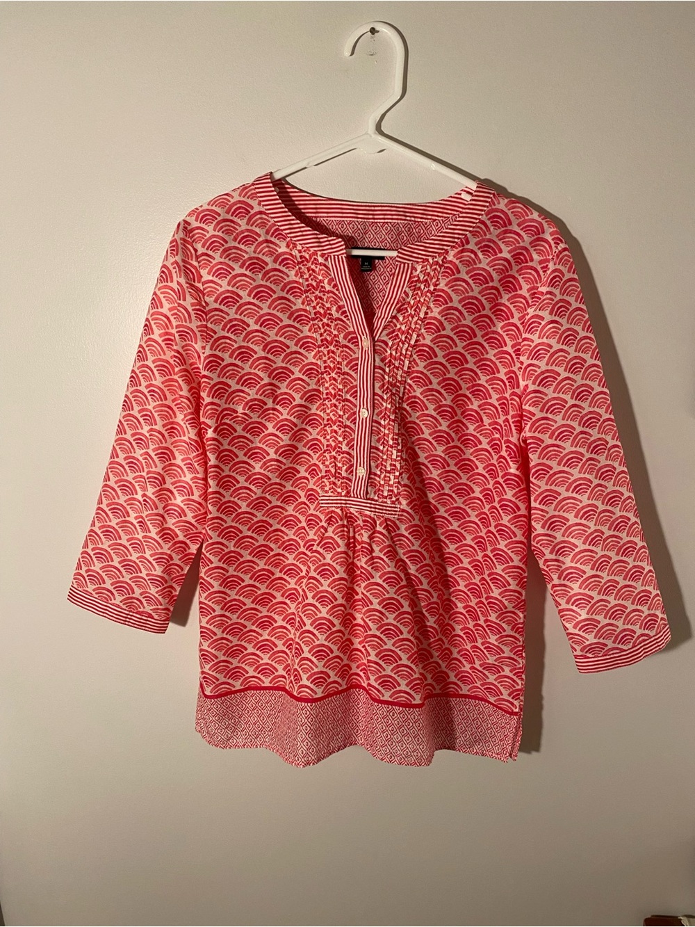 Talbots Women’s Pink Print Pleated Overhead Blouse 3/4 Sleeve Size M Cotton